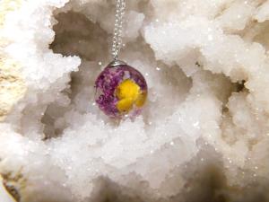 Terrarium .5" Sphere Necklace - Purple Moss/Yellow Flowers