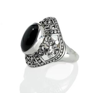 Sterling Silver Onyx Flower Ring - Silence