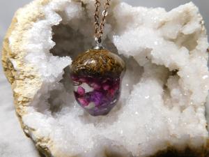 Terrarium Acorn Necklace - Pink Florals/Purple Moss